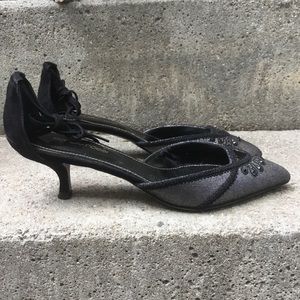 New Sergio Rossi black glitter sequin kitten heel mule leather ankle ties 37 6.5